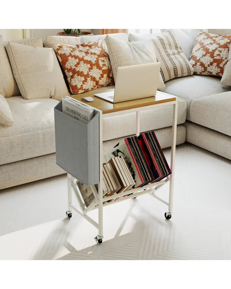 Rolling Record Player Stand 2-Tier with Vinyl Storage and Magazine Holder Bag-Natural - Natural - End & Side Tables