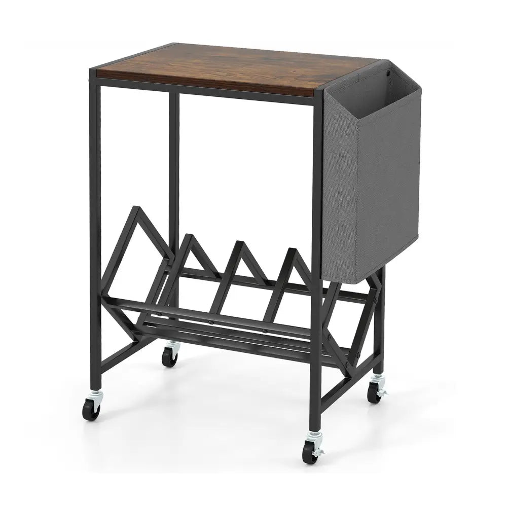Rolling Record Player Stand 2-Tier with Vinyl Storage and Magazine Holder Bag-Rustic Brown - Rustic Brown - End & Side