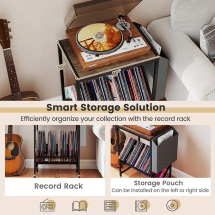 Rolling Record Player Stand 2-Tier with Vinyl Storage and Magazine Holder Bag-Rustic Brown - Rustic Brown - End & Side