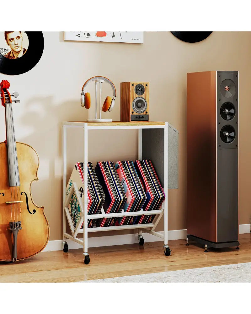 Rolling Record Player Stand 2-Tier with Vinyl Storage and Magazine Holder Bag-Natural - Natural - End & Side Tables