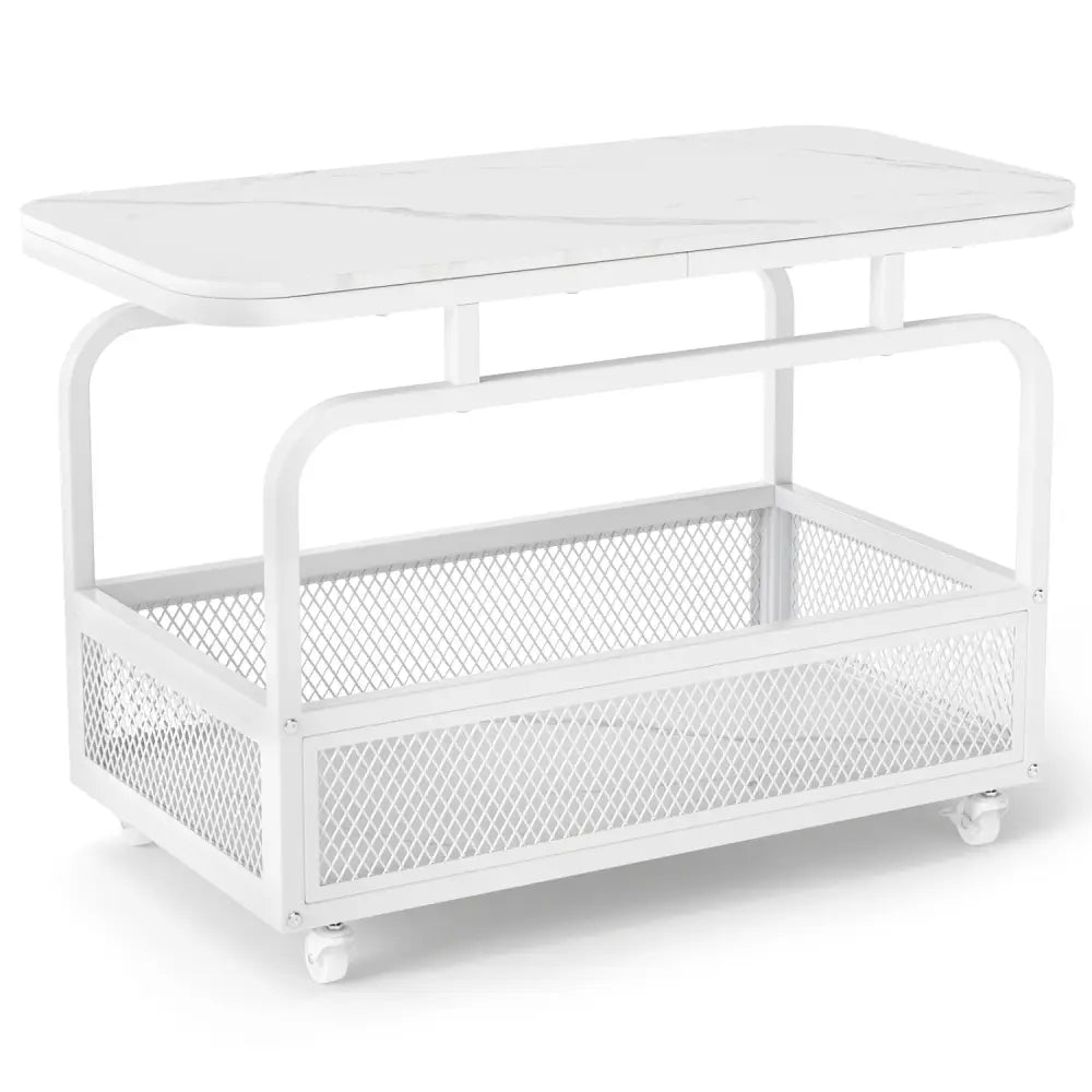 Rolling Side Table 2-Tier Narrow End Table with Mesh Storage Basket-White - White - End & Side Tables