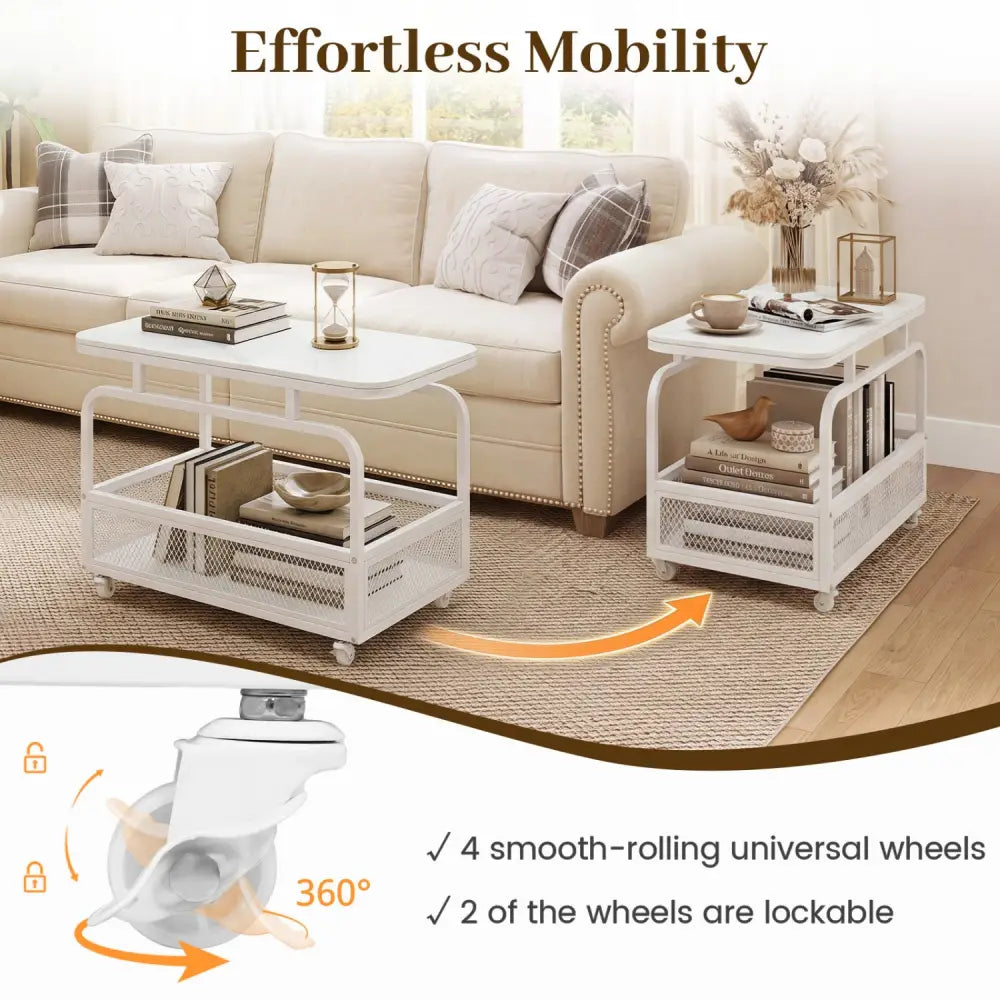 Rolling Side Table 2-Tier Narrow End Table with Mesh Storage Basket-White - White - End & Side Tables