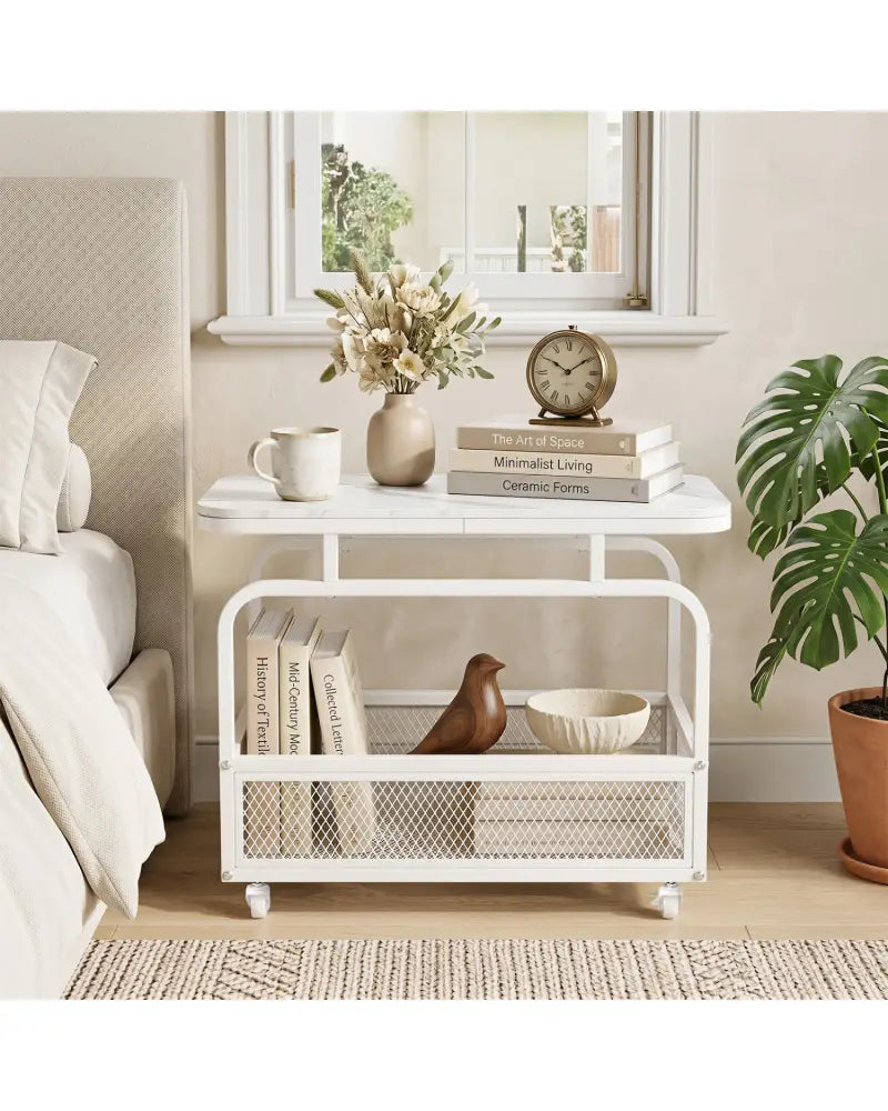 Rolling Side Table 2-Tier Narrow End Table with Mesh Storage Basket-White - White - End & Side Tables