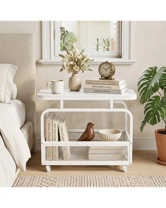 Rolling Side Table 2-Tier Narrow End Table with Mesh Storage Basket-White - White - End & Side Tables