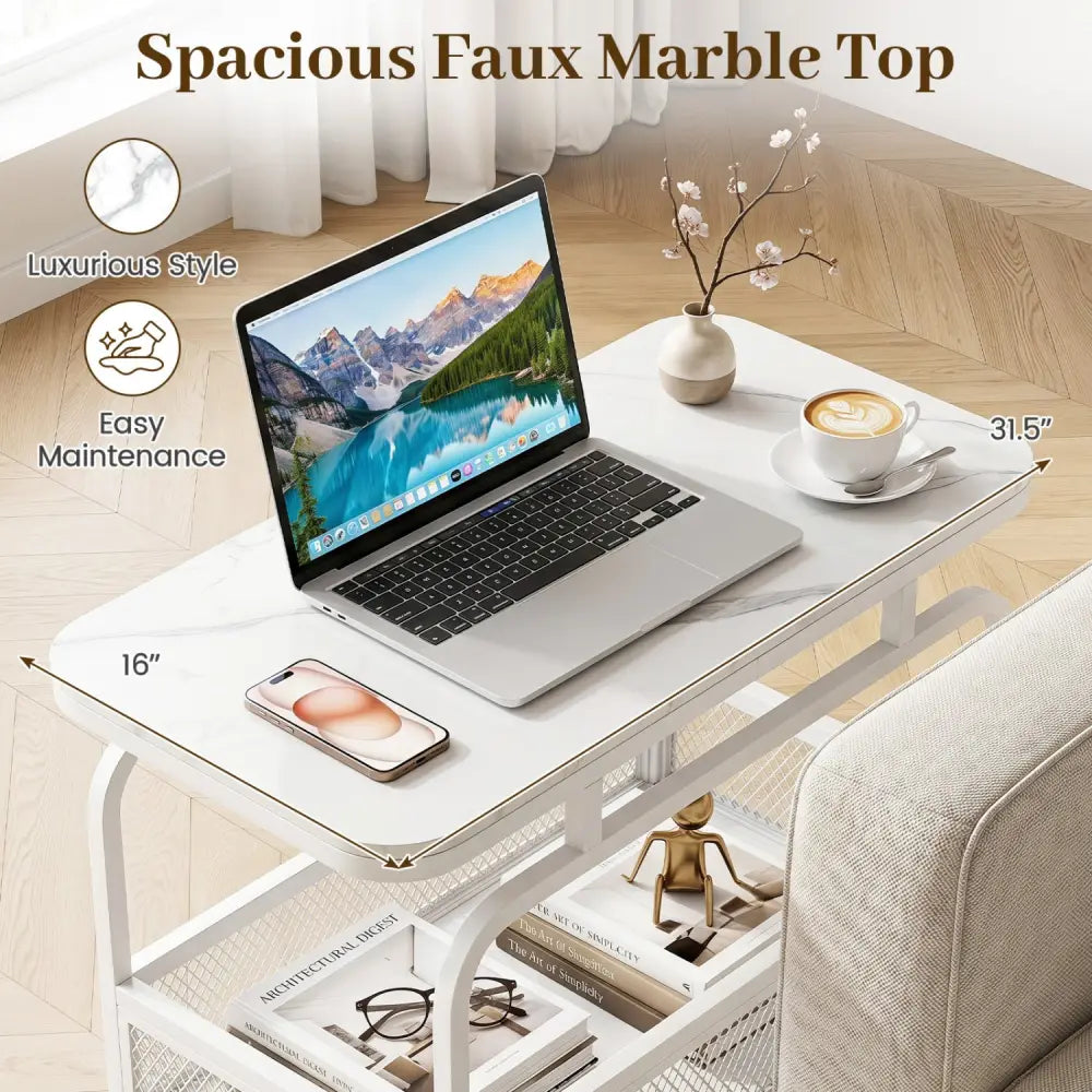 Rolling Side Table 2-Tier Narrow End Table with Mesh Storage Basket-White - White - End & Side Tables
