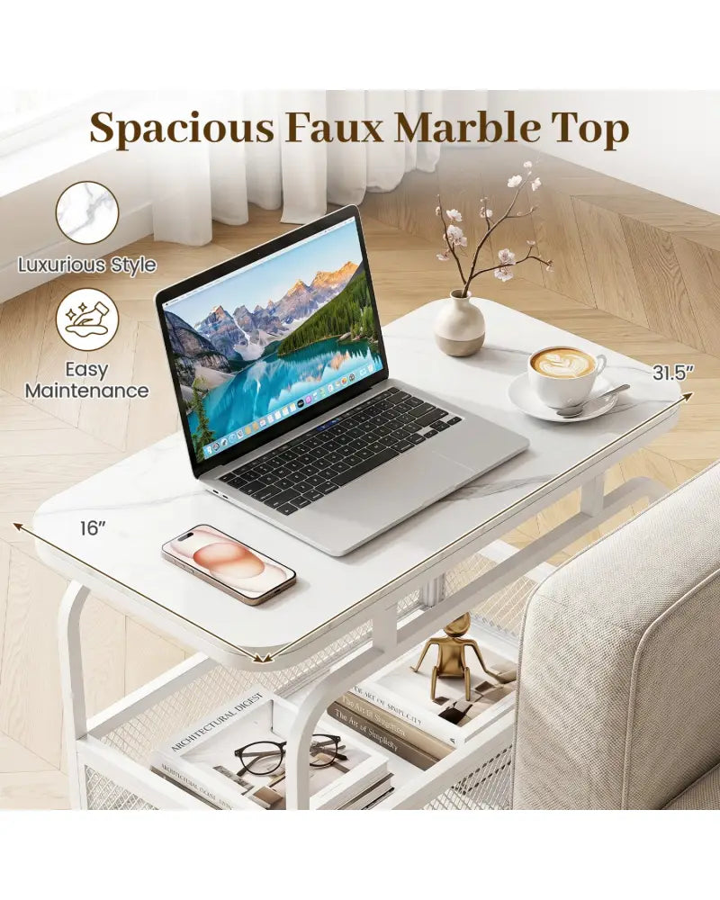 Rolling Side Table 2-Tier Narrow End Table with Mesh Storage Basket-White - White - End & Side Tables