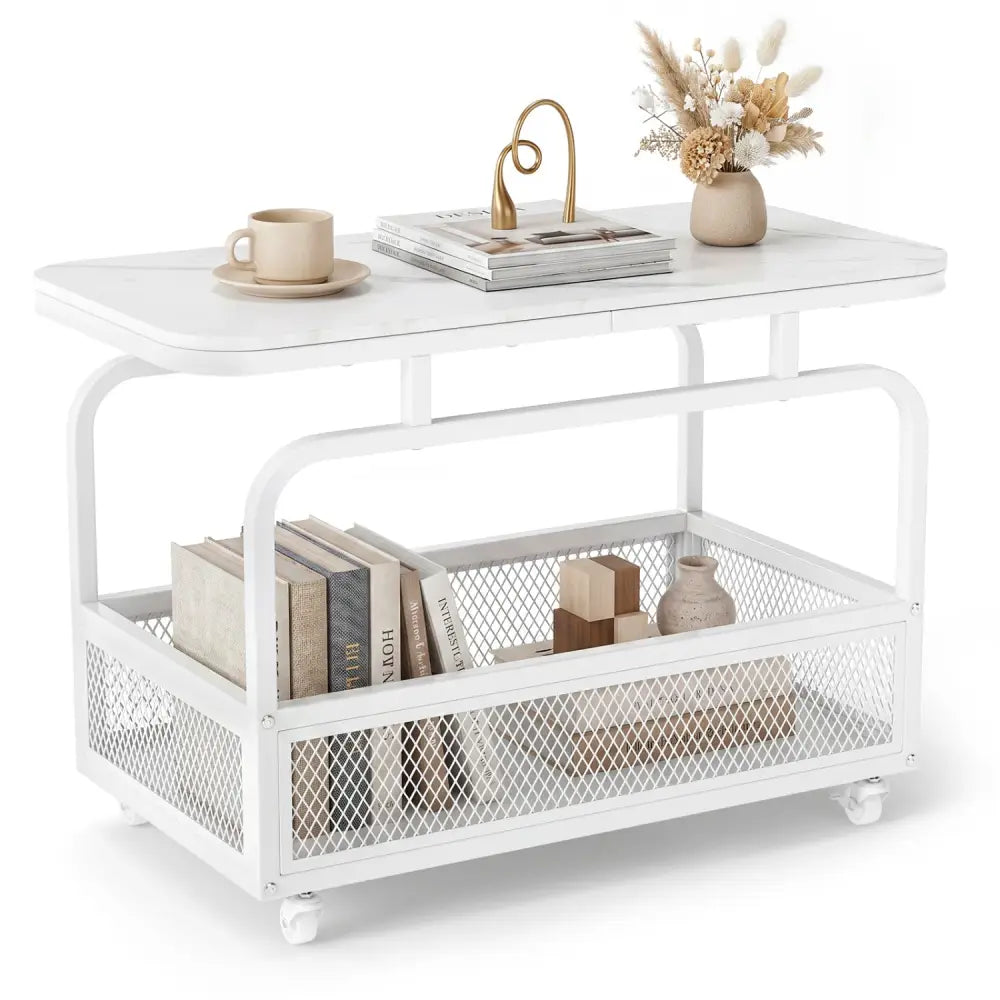 Rolling Side Table 2-Tier Narrow End Table with Mesh Storage Basket-White - White - End & Side Tables
