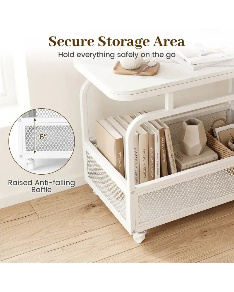 Rolling Side Table 2-Tier Narrow End Table with Mesh Storage Basket-White - White - End & Side Tables