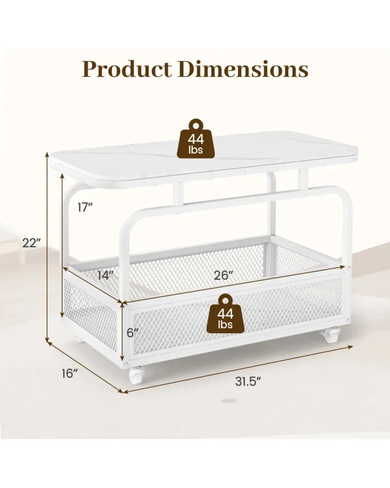 Rolling Side Table 2-Tier Narrow End Table with Mesh Storage Basket-White - White - End & Side Tables
