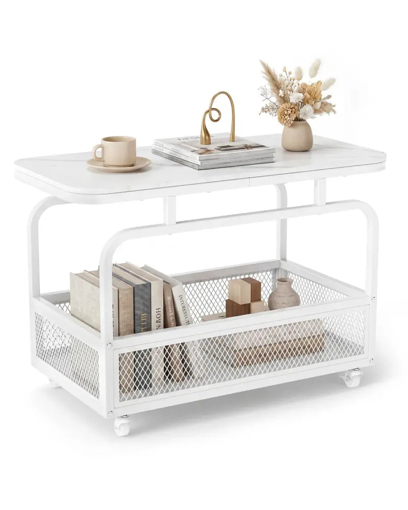 Rolling Side Table 2-Tier Narrow End Table with Mesh Storage Basket-White - White - End & Side Tables