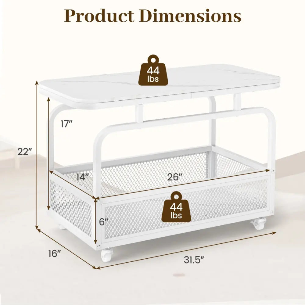 Rolling Side Table 2-Tier Narrow End Table with Mesh Storage Basket-White - White - End & Side Tables