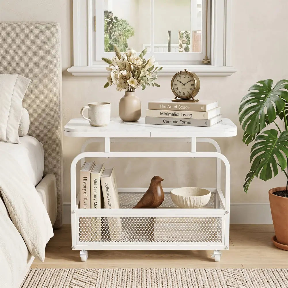 Rolling Side Table 2-Tier Narrow End Table with Mesh Storage Basket-White - White - End & Side Tables