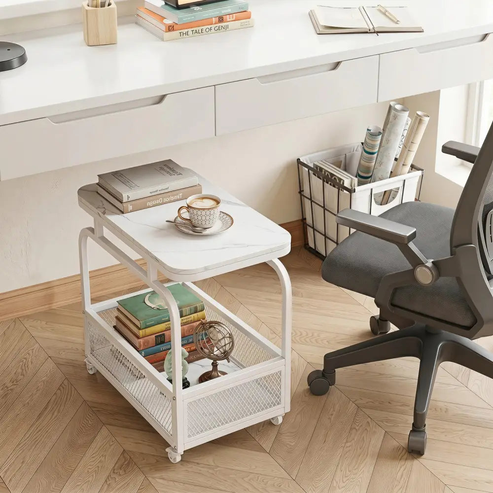 Rolling Side Table 2-Tier Narrow End Table with Mesh Storage Basket-White - White - End & Side Tables