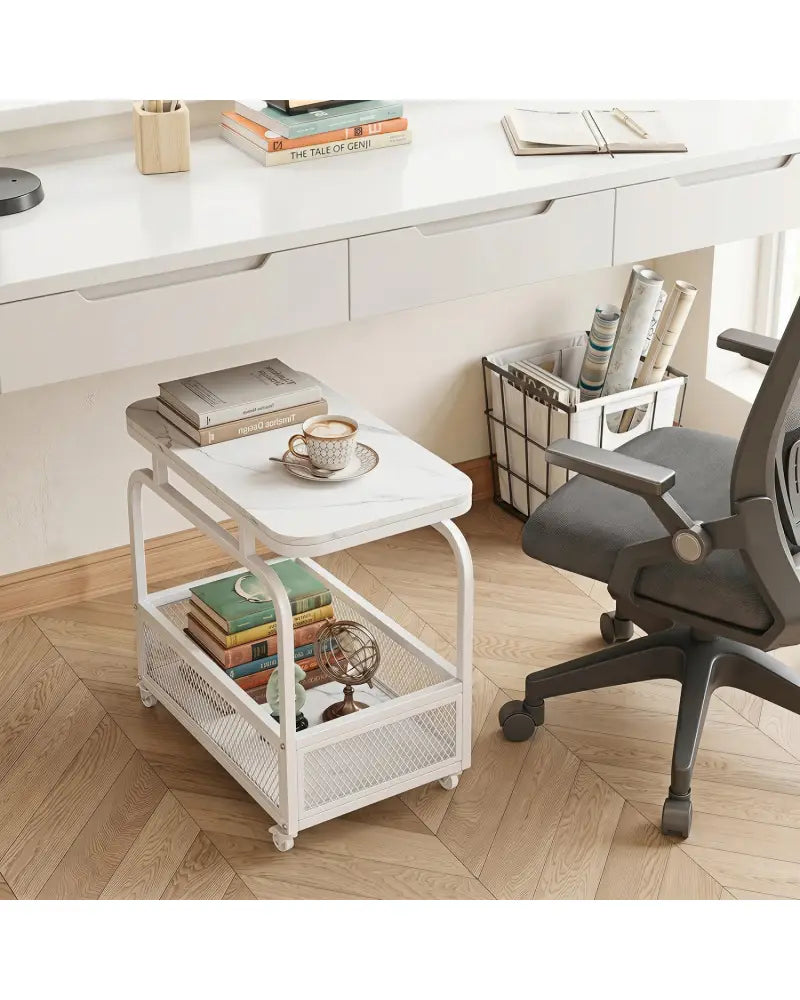 Rolling Side Table 2-Tier Narrow End Table with Mesh Storage Basket-White - White - End & Side Tables