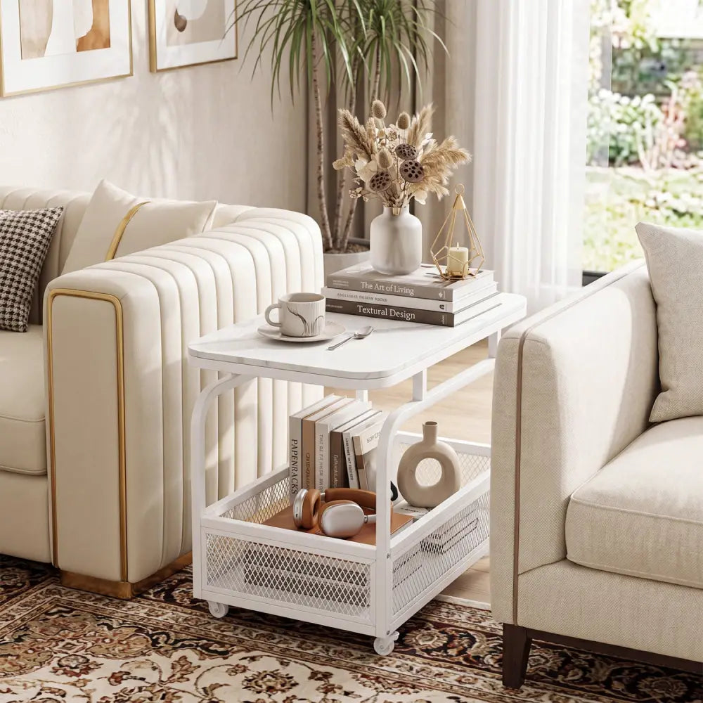 Rolling Side Table 2-Tier Narrow End Table with Mesh Storage Basket-White - White - End & Side Tables