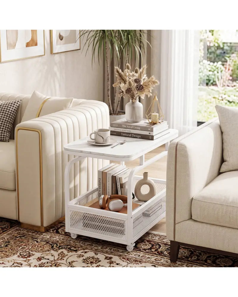 Rolling Side Table 2-Tier Narrow End Table with Mesh Storage Basket-White - White - End & Side Tables