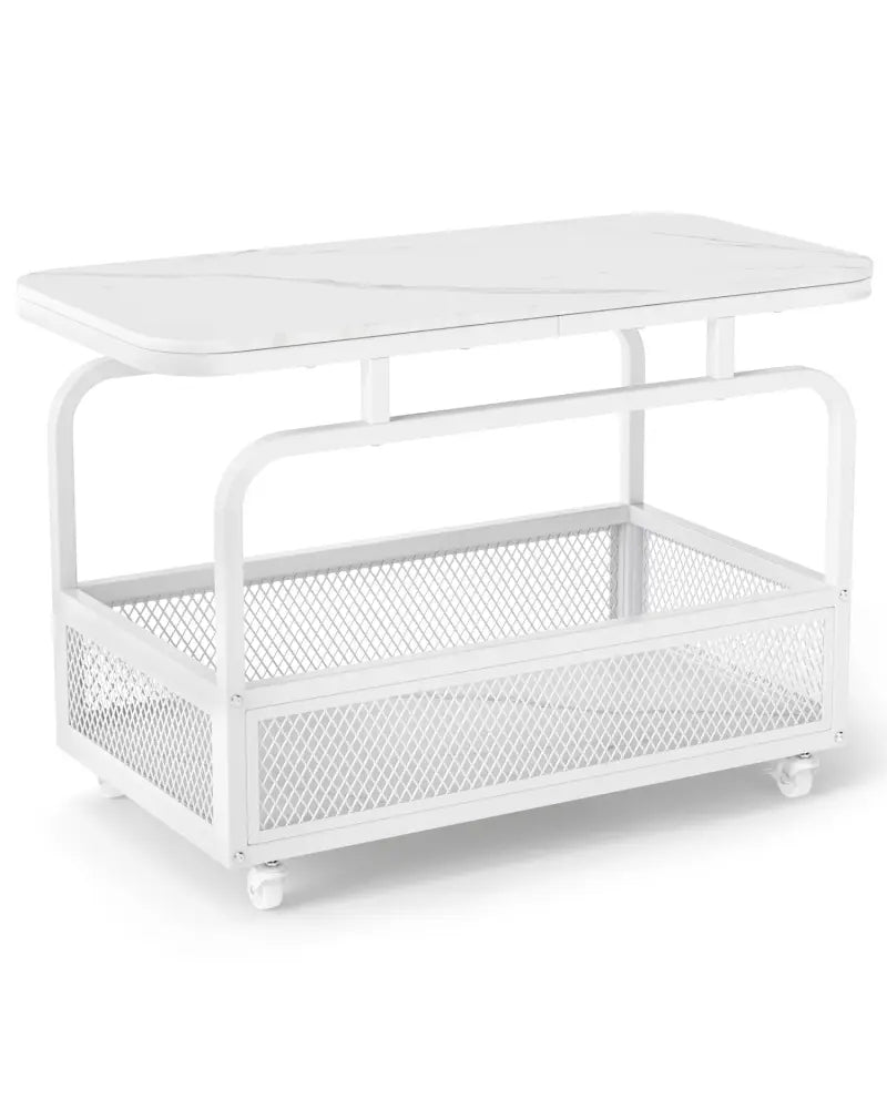 Rolling Side Table 2-Tier Narrow End Table with Mesh Storage Basket-White - White - End & Side Tables