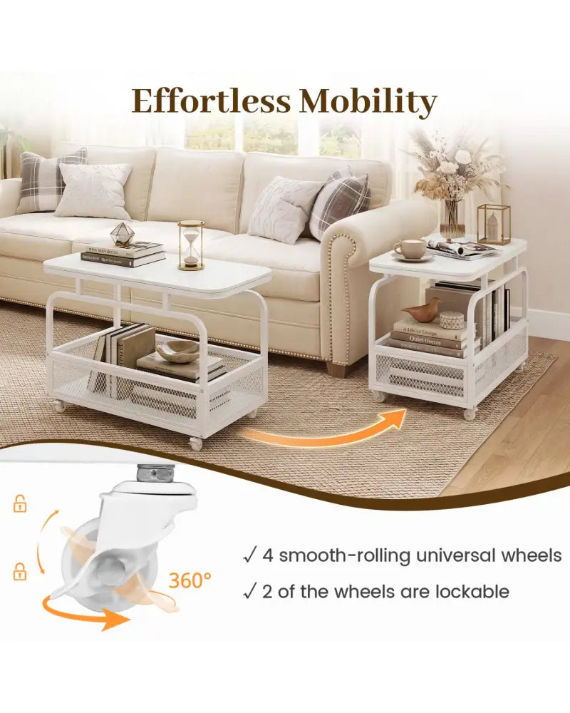 Rolling Side Table 2-Tier Narrow End Table with Mesh Storage Basket-White - White - End & Side Tables