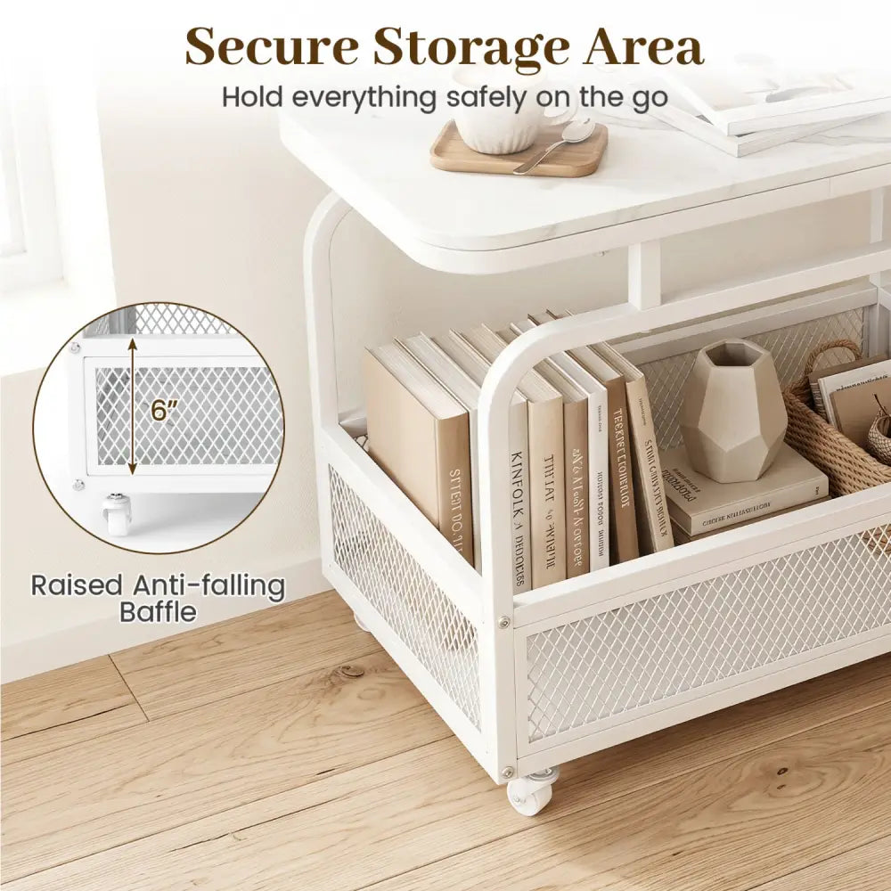 Rolling Side Table 2-Tier Narrow End Table with Mesh Storage Basket-White - White - End & Side Tables