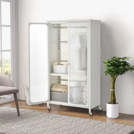 Rolling Storage Armoire Closet with Hanging Rod and Adjustable Shelf - White - Oasis Home Essentials