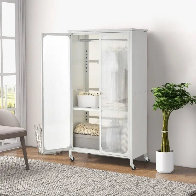 Rolling Storage Armoire Closet with Hanging Rod and Adjustable Shelf - White - Oasis Home Essentials