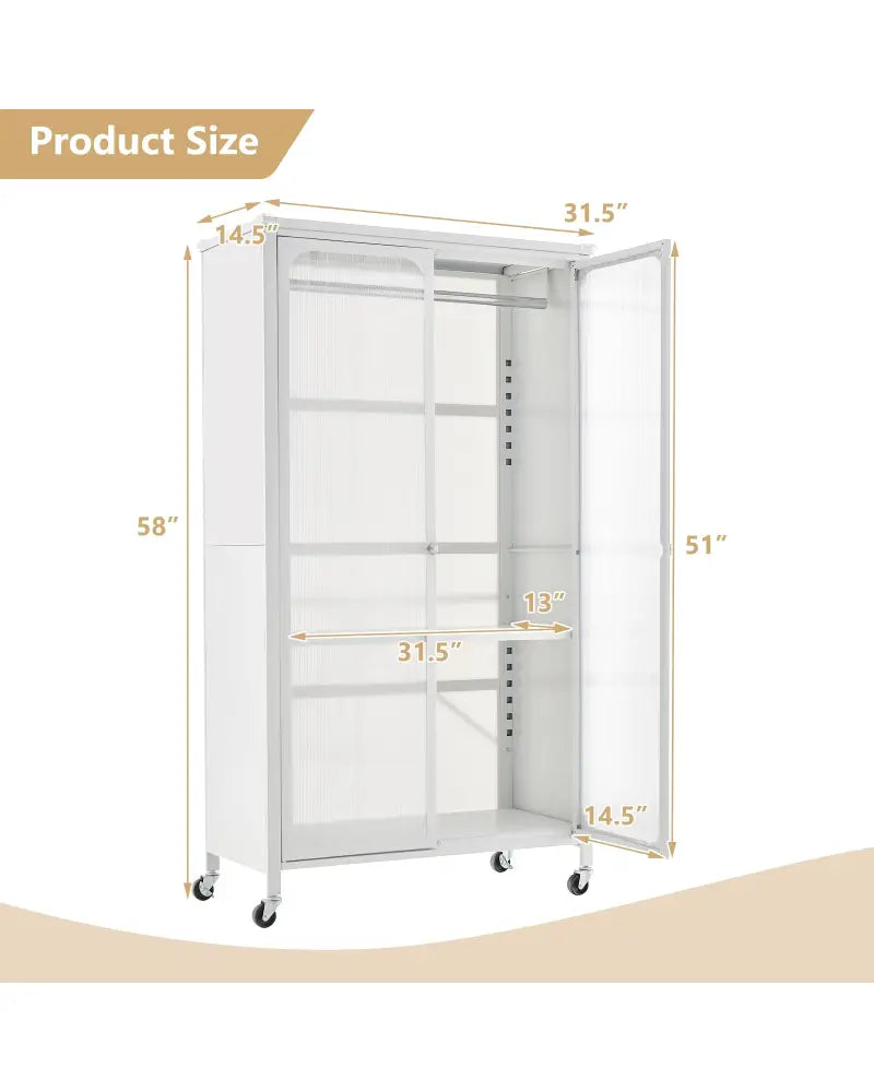 Rolling Storage Armoire Closet with Hanging Rod and Adjustable Shelf-White - White - Armoires & Wardrobes
