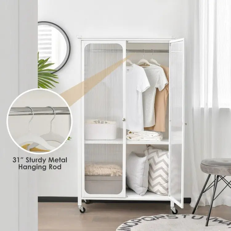 Rolling Storage Armoire Closet with Hanging Rod and Adjustable Shelf - White - Oasis Home Essentials