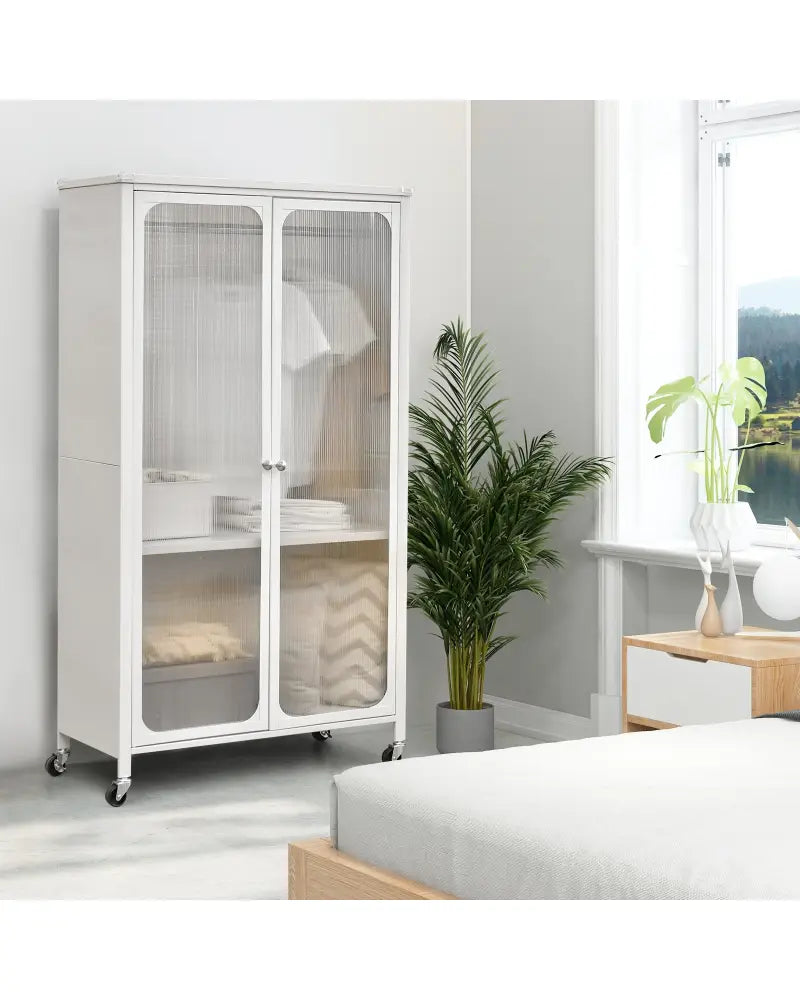 Rolling Storage Armoire Closet with Hanging Rod and Adjustable Shelf-White - White - Armoires & Wardrobes