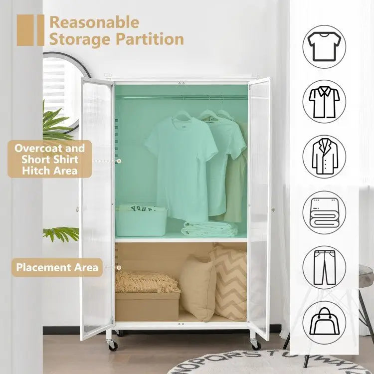 Rolling Storage Armoire Closet with Hanging Rod and Adjustable Shelf - White - Oasis Home Essentials