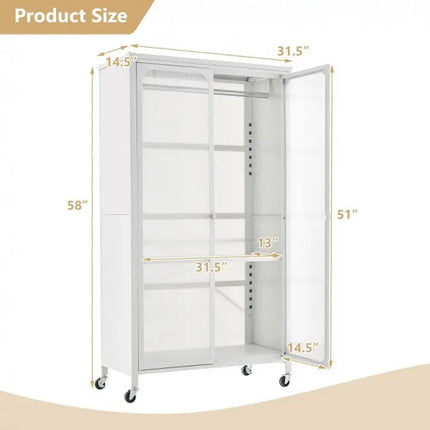 Rolling Storage Armoire Closet with Hanging Rod and Adjustable Shelf - White - Oasis Home Essentials