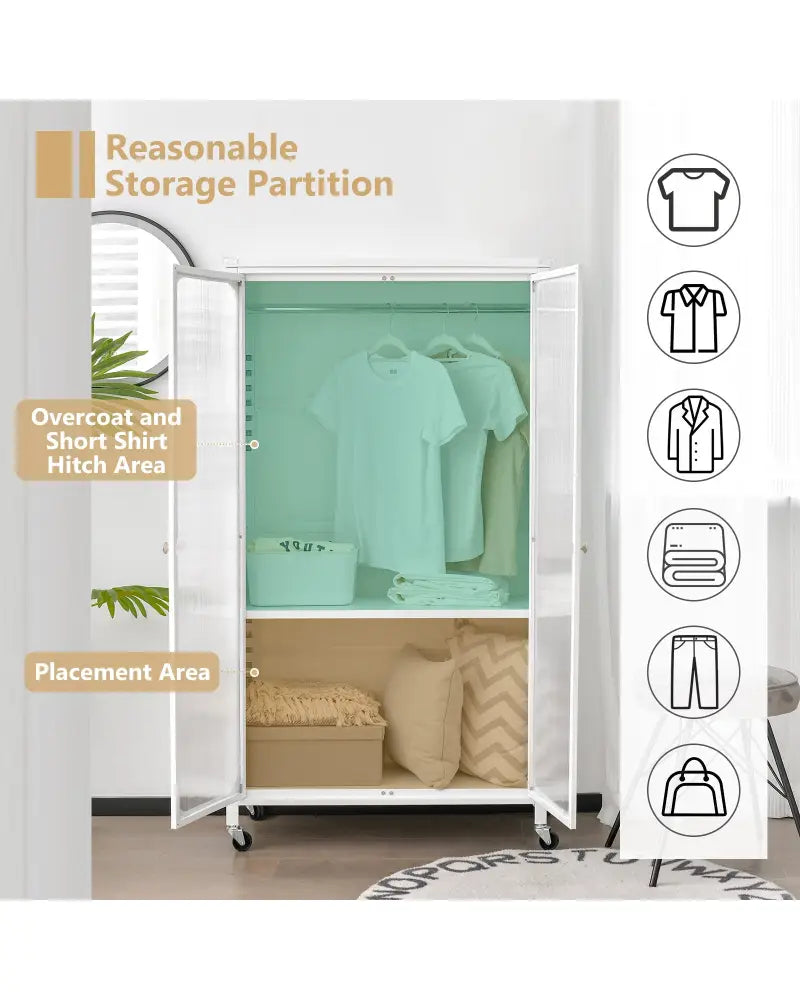 Rolling Storage Armoire Closet with Hanging Rod and Adjustable Shelf-White - White - Armoires & Wardrobes
