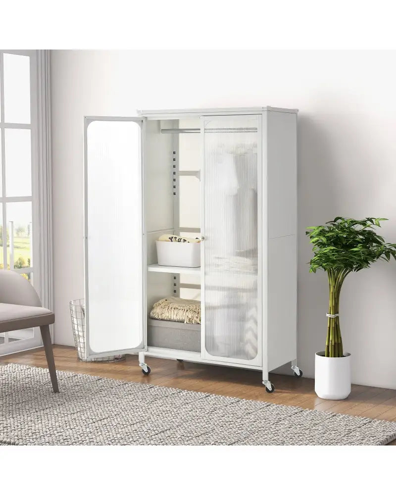 Rolling Storage Armoire Closet with Hanging Rod and Adjustable Shelf-White - White - Armoires & Wardrobes