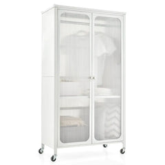 Rolling Storage Armoire Closet with Hanging Rod and Adjustable Shelf-White - White - Armoires & Wardrobes