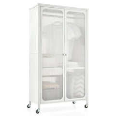 Rolling Storage Armoire Closet with Hanging Rod and Adjustable Shelf - White - Oasis Home Essentials