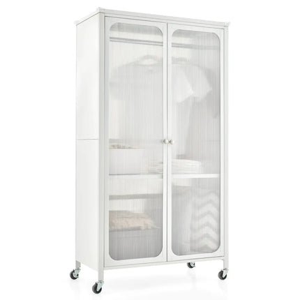 Rolling Storage Armoire Closet with Hanging Rod and Adjustable Shelf - White - Oasis Home Essentials