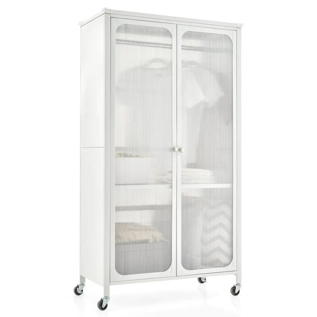 Rolling Storage Armoire Closet with Hanging Rod and Adjustable Shelf - White - Oasis Home Essentials