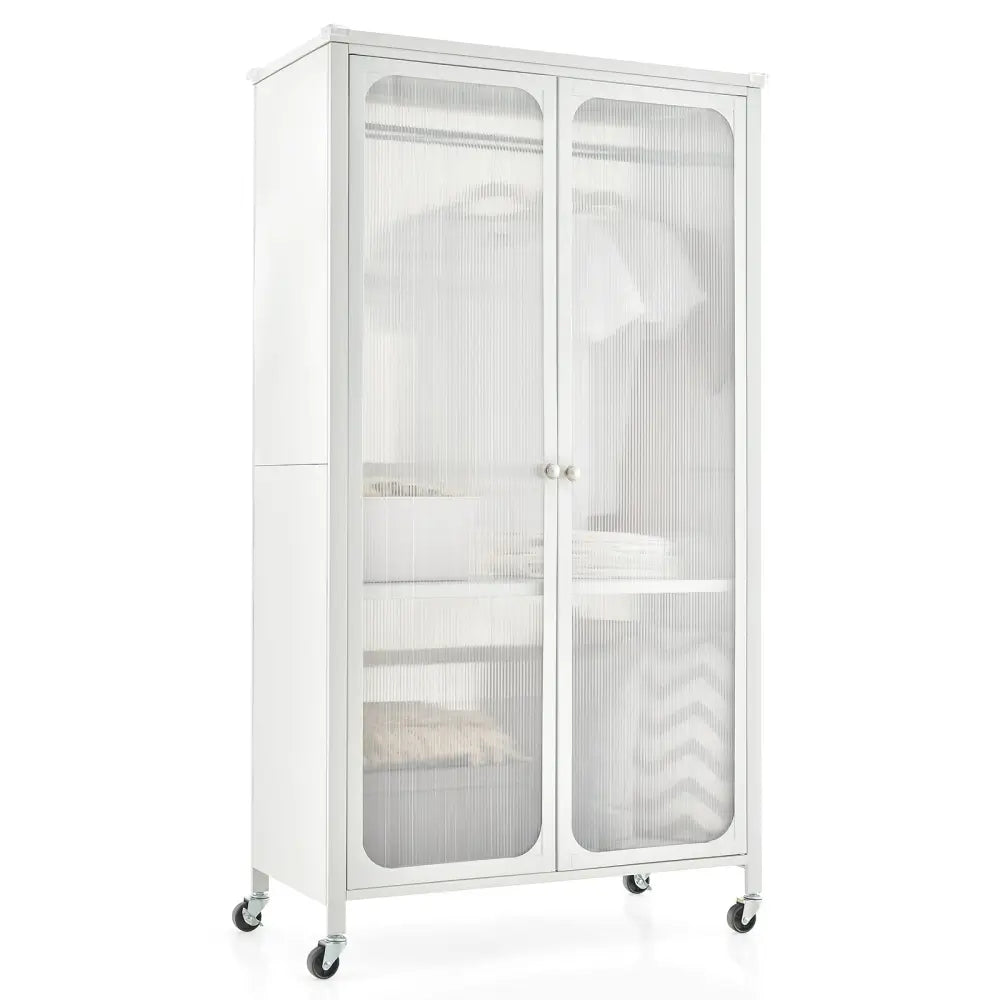 Rolling Storage Armoire Closet with Hanging Rod and Adjustable Shelf - White - Oasis Home Essentials