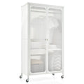 Rolling Storage Armoire Closet with Hanging Rod and Adjustable Shelf - White - Oasis Home Essentials