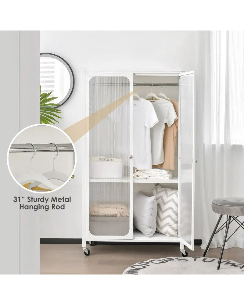Rolling Storage Armoire Closet with Hanging Rod and Adjustable Shelf-White - White - Armoires & Wardrobes