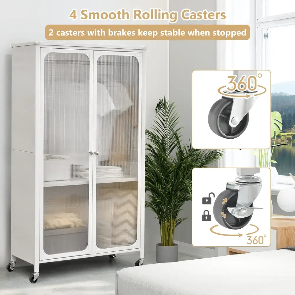 Rolling Storage Armoire Closet with Hanging Rod and Adjustable Shelf-White - White - Armoires & Wardrobes