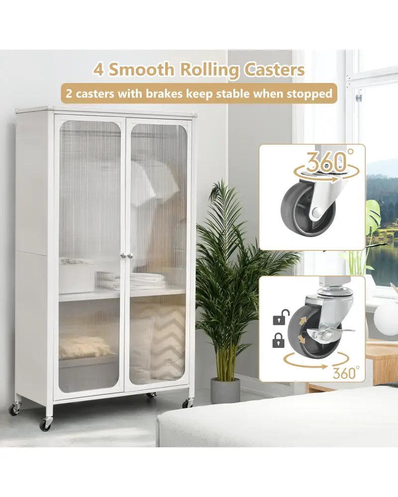 Rolling Storage Armoire Closet with Hanging Rod and Adjustable Shelf-White - White - Armoires & Wardrobes
