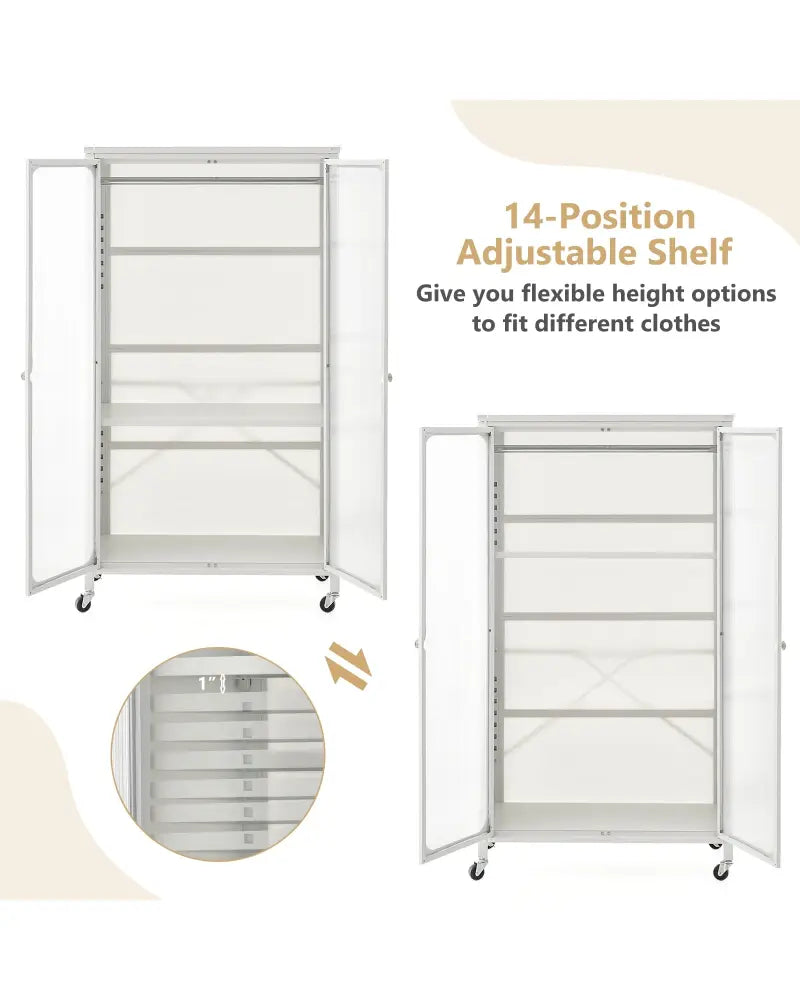Rolling Storage Armoire Closet with Hanging Rod and Adjustable Shelf-White - White - Armoires & Wardrobes