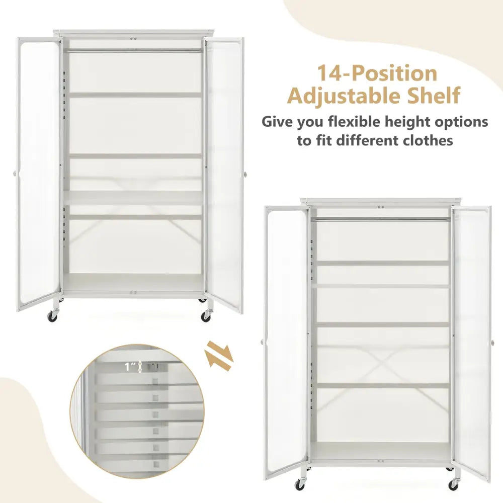 Rolling Storage Armoire Closet with Hanging Rod and Adjustable Shelf-White - White - Armoires & Wardrobes