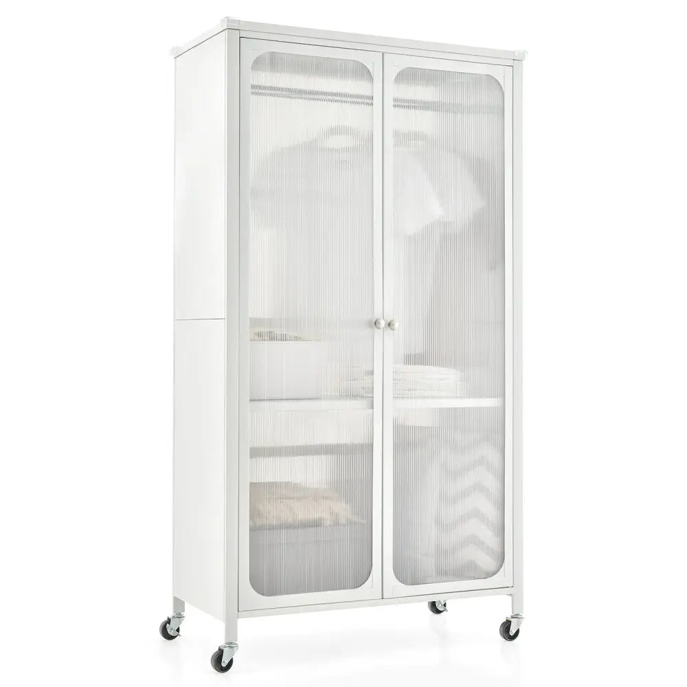 Rolling Storage Armoire Closet with Hanging Rod and Adjustable Shelf-White - White - Armoires & Wardrobes