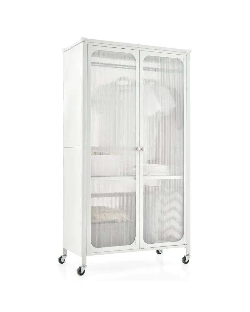 Rolling Storage Armoire Closet with Hanging Rod and Adjustable Shelf-White - White - Armoires & Wardrobes