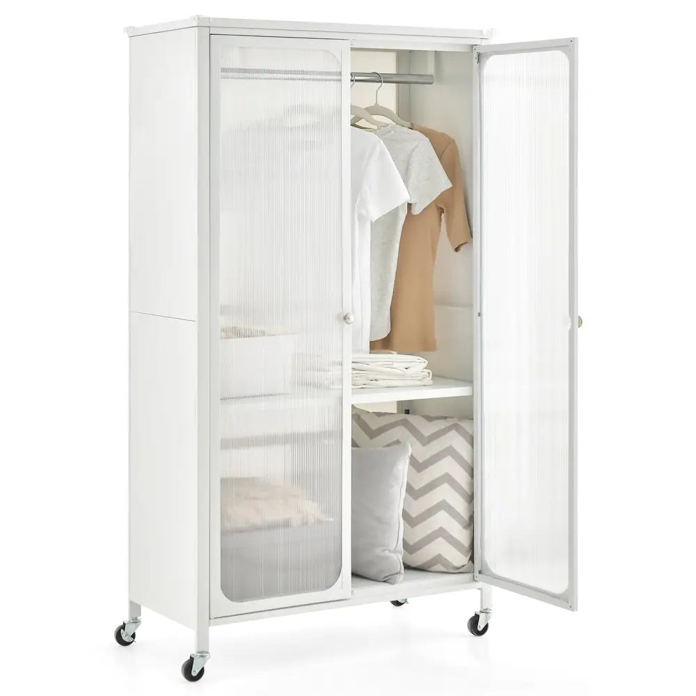 Rolling Storage Armoire Closet with Hanging Rod and Adjustable Shelf-White - White - Armoires & Wardrobes