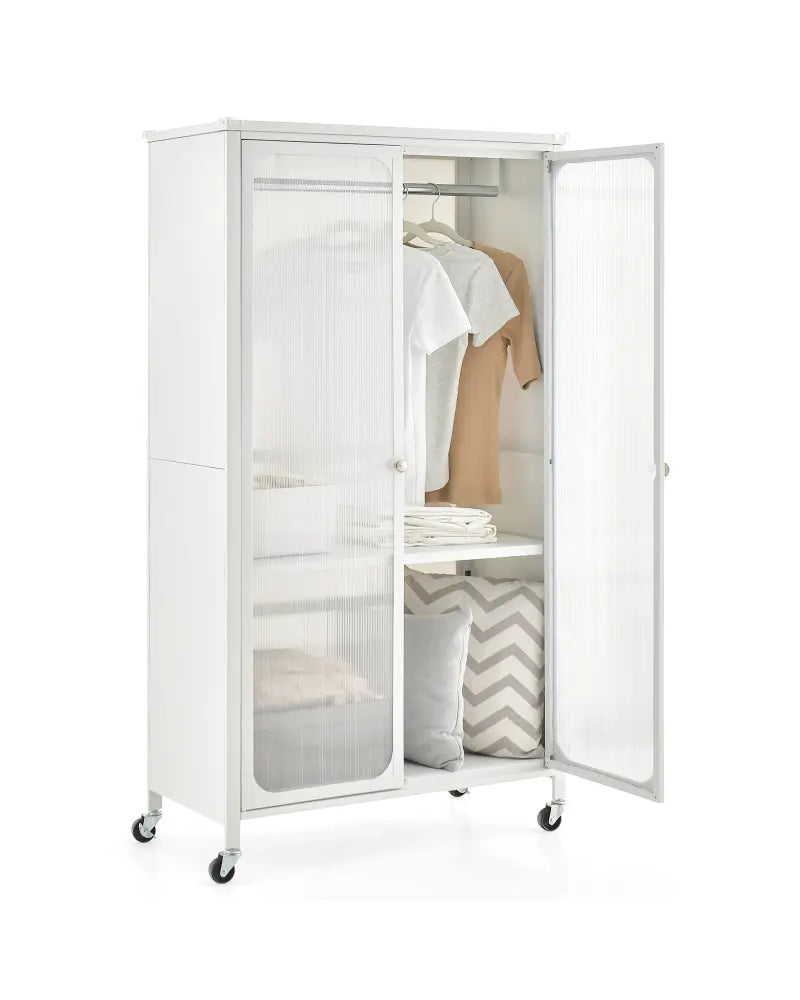 Rolling Storage Armoire Closet with Hanging Rod and Adjustable Shelf-White - White - Armoires & Wardrobes