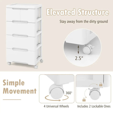 Rolling Storage Cabinet with Universal Wheels and 5/6/7 Drawers-5 Drawers - White - Dressers & Chests