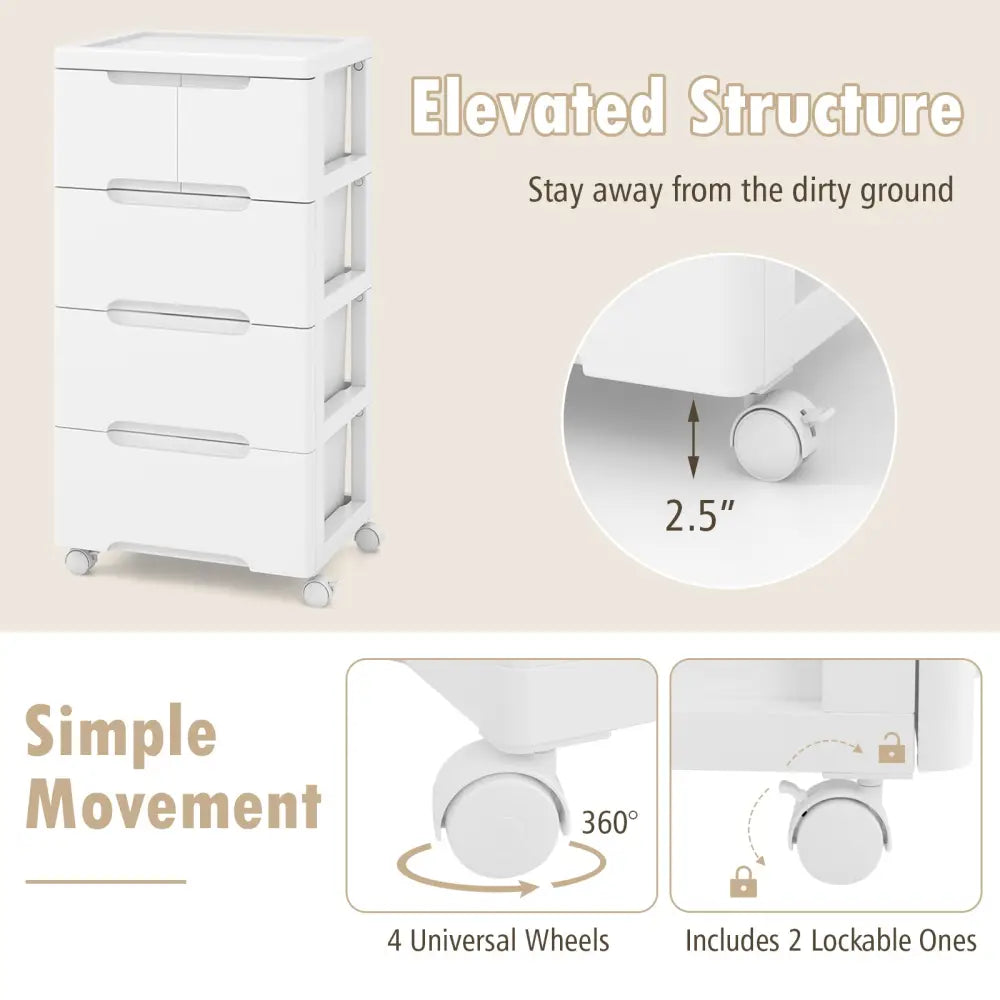 Rolling Storage Cabinet with Universal Wheels and 5/6/7 Drawers-5 Drawers - White - Dressers & Chests