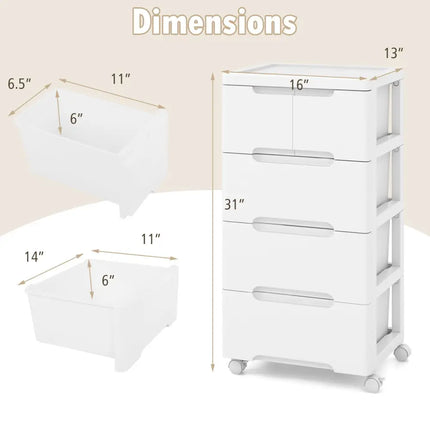 Rolling Storage Cabinet with Universal Wheels and 5/6/7 Drawers-5 Drawers - White - Dressers & Chests